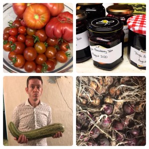 Tomatoes, blackberry jam, a giant marrow, and onions
